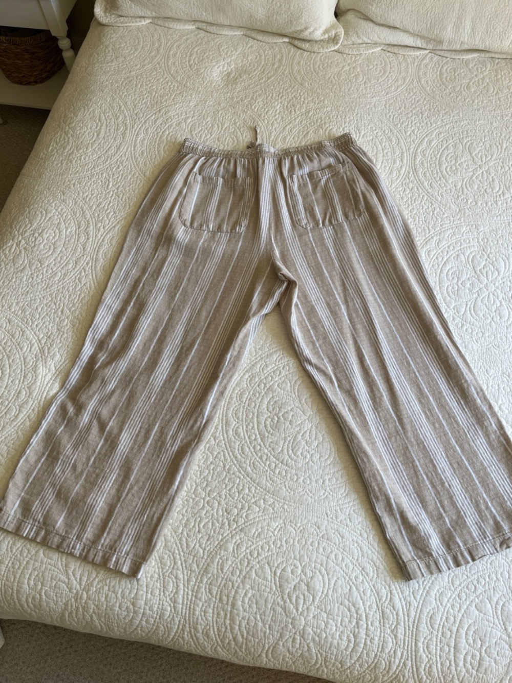Linen Cotton Wide Leg High Rise Striped Pants Pull On Women's XL Tan Beachy - Picture 5 of 16